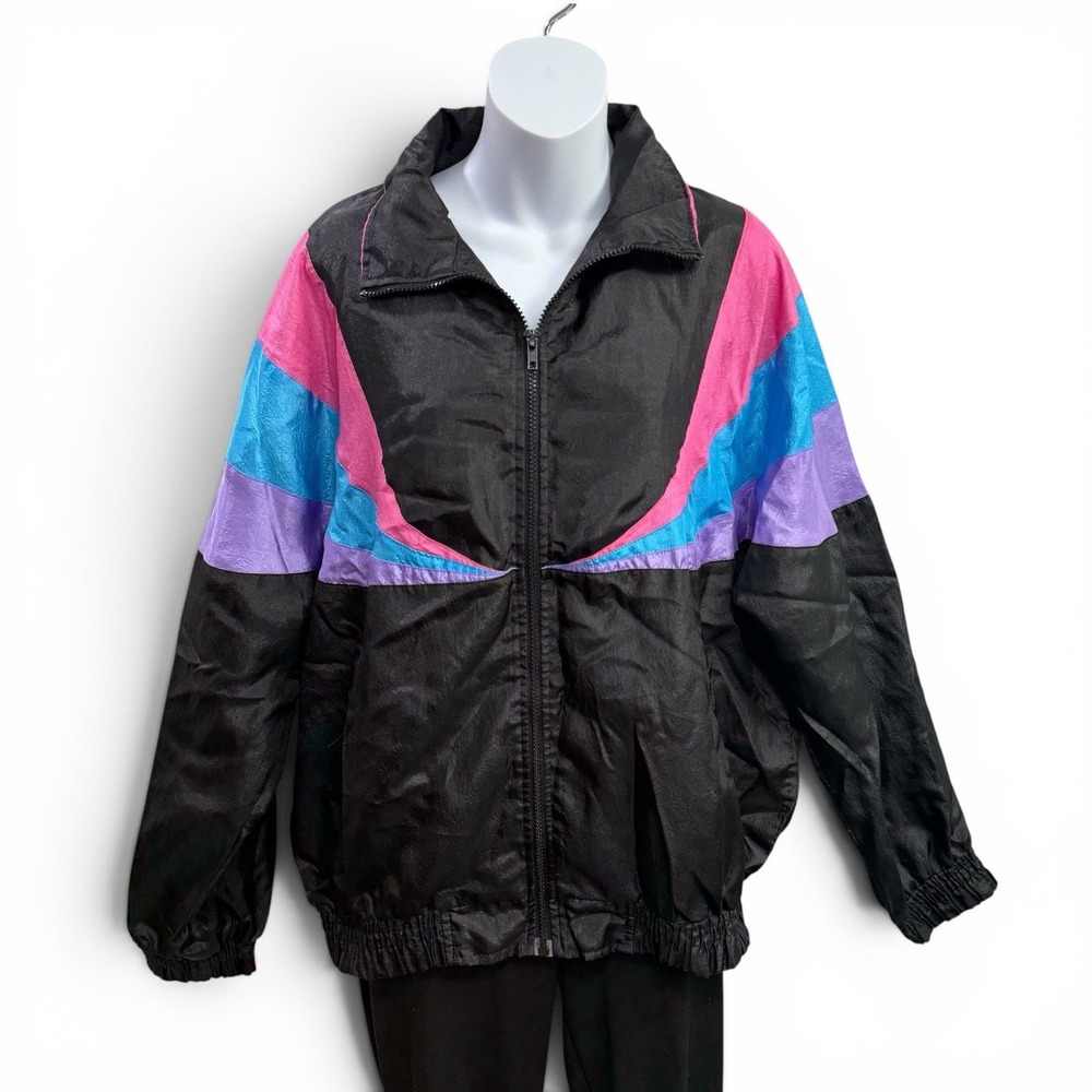 Vtg 90s‎ Rock Creek Casuals Windbreaker Sz L Black Pink Purple Blue Track Jacket